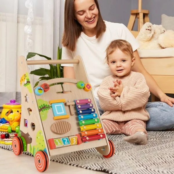 Trotteur en Bois pour Bébé Trotteur à Pousser avec Poignée Rangements Roues Trotteur d'Activités d'Apprentissage pour 3+ Ans Naturel
