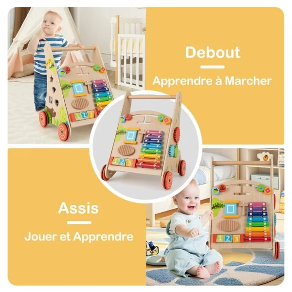 Trotteur en Bois pour Bébé Trotteur à Pousser avec Poignée Rangements Roues Trotteur d'Activités d'Apprentissage pour 3+ Ans Naturel