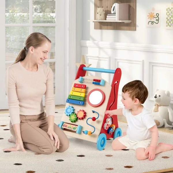 Trotteur en Bois pour Enfants de +3 Ans Trotteur à Pousser avec Poignée Rangements Roues Trotteur d'Activités d'Apprentissage Naturel