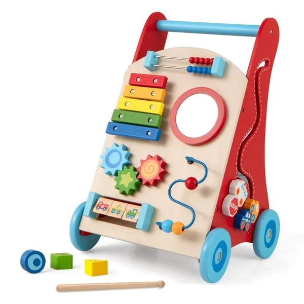 Trotteur en Bois pour Enfants de +3 Ans Trotteur à Pousser avec Poignée Rangements Roues Trotteur d'Activités d'Apprentissage Naturel