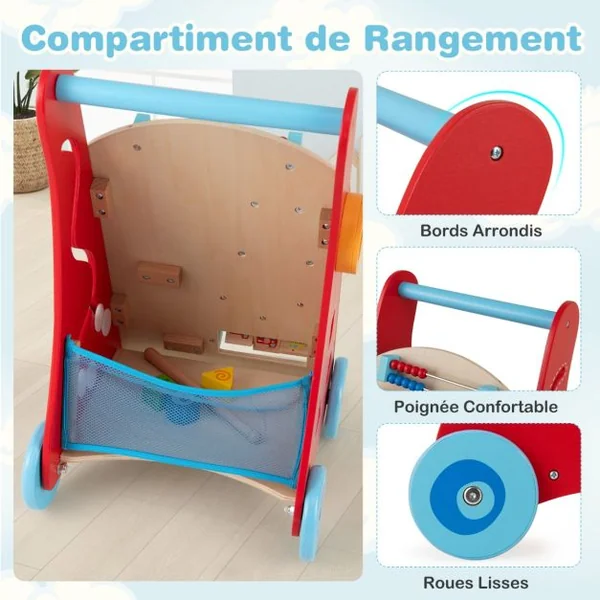 Trotteur en Bois pour Enfants de +3 Ans Trotteur à Pousser avec Poignée Rangements Roues Trotteur d'Activités d'Apprentissage Naturel