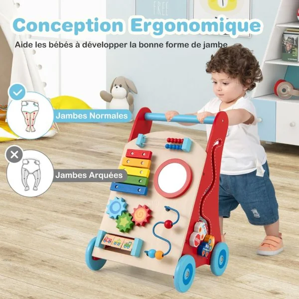 Trotteur en Bois pour Enfants de +3 Ans Trotteur à Pousser avec Poignée Rangements Roues Trotteur d'Activités d'Apprentissage Naturel