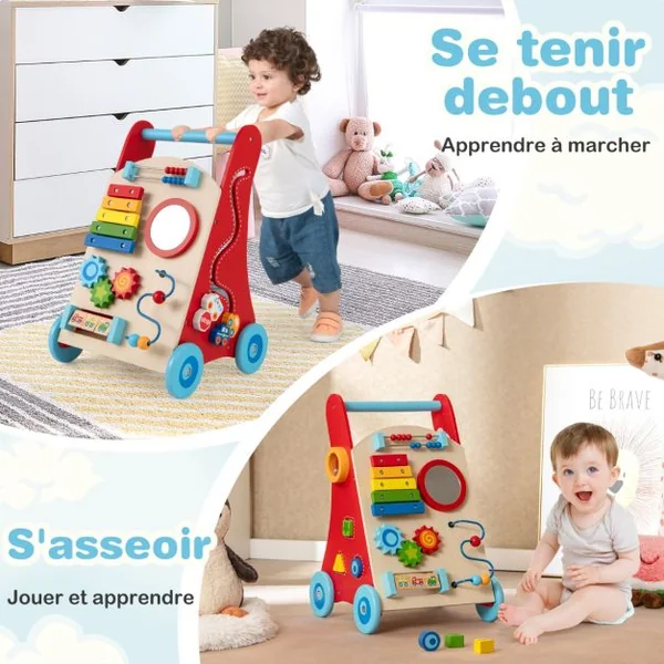 Trotteur en Bois pour Enfants de +3 Ans Trotteur à Pousser avec Poignée Rangements Roues Trotteur d'Activités d'Apprentissage Naturel