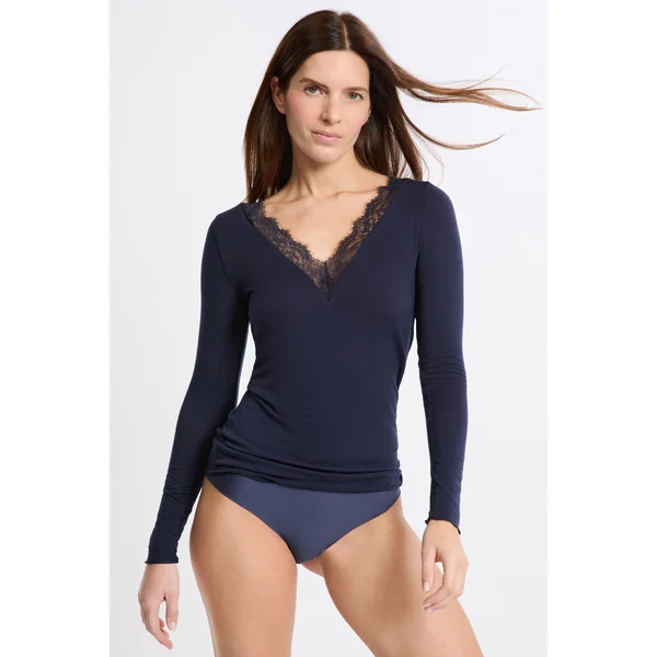 T-shirt thermique col V avec cachemire