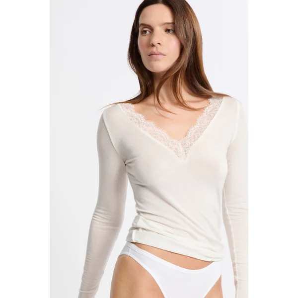 T-shirt thermique col V avec cachemire