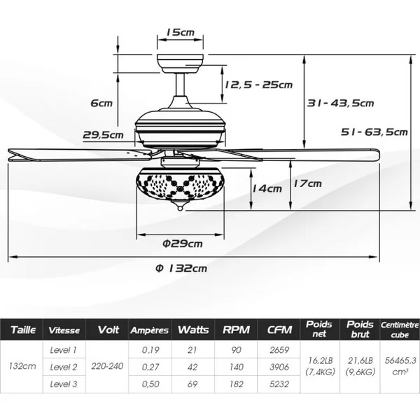 Ventilateur de Plafond Silencieux avec Lumière LED 132cm Moteur Réversible 5 Pales 3 Vitesses Minuterie Décoration Style Rétro Blanc