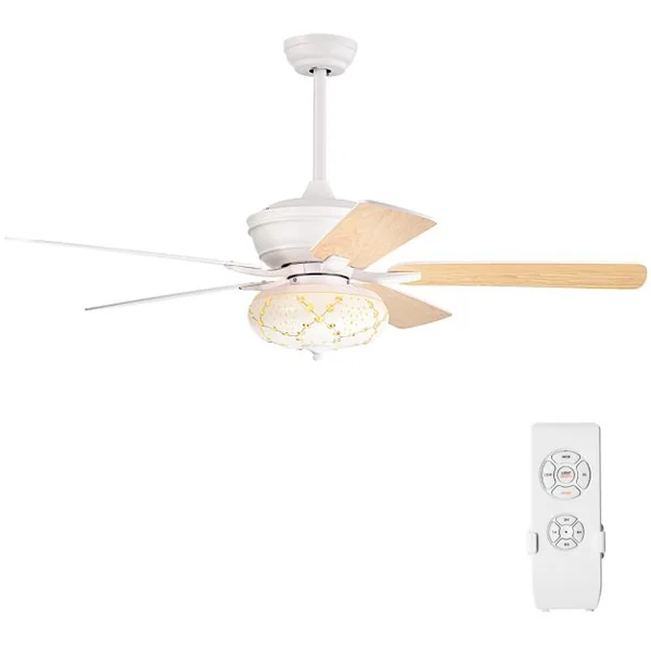 Ventilateur de Plafond Silencieux avec Lumière LED 132cm Moteur Réversible 5 Pales 3 Vitesses Minuterie Décoration Style Rétro Blanc