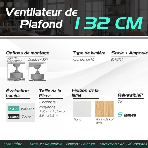 Ventilateur de Plafond Silencieux avec Lumière LED 132cm Moteur Réversible 5 Pales 3 Vitesses Minuterie Décoration Style Rétro Blanc