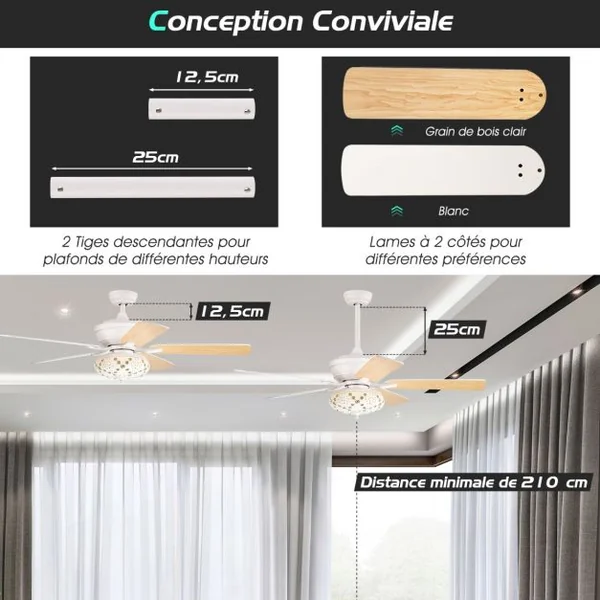 Ventilateur de Plafond Silencieux avec Lumière LED 132cm Moteur Réversible 5 Pales 3 Vitesses Minuterie Décoration Style Rétro Blanc