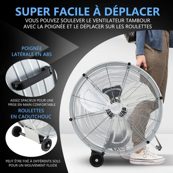 Ventilateur de Sol 24″ avec 3 Vitesses 3 Pales en Aluminium Moteur en Cuivre Roulettes et Poignée Latérale Noir/Argent