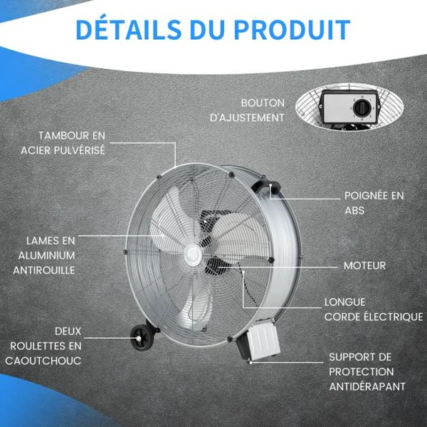 Ventilateur de Sol 24″ avec 3 Vitesses 3 Pales en Aluminium Moteur en Cuivre Roulettes et Poignée Latérale Noir/Argent