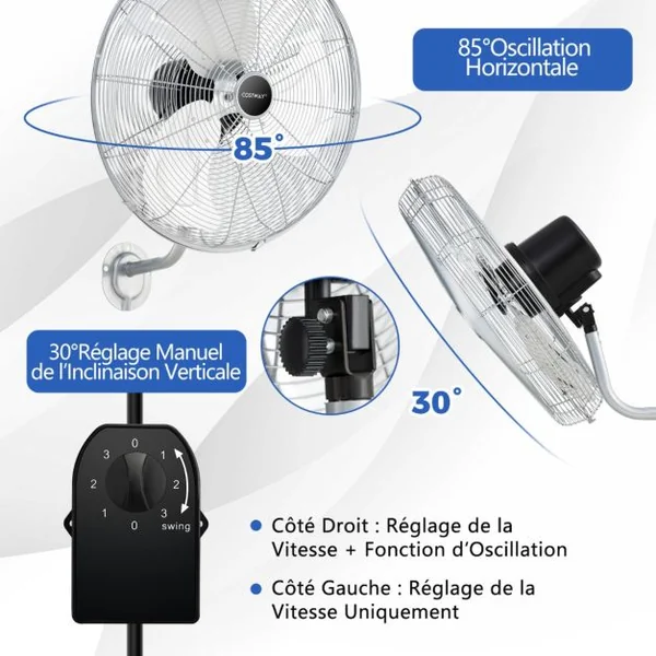 Ventilateur Mural Industriel 51 cm 120W 3 Vitesses Ventilateur Pales en Aluminium Tête d'Inclinaison Réglable à 30° Oscillation à 85° Argent