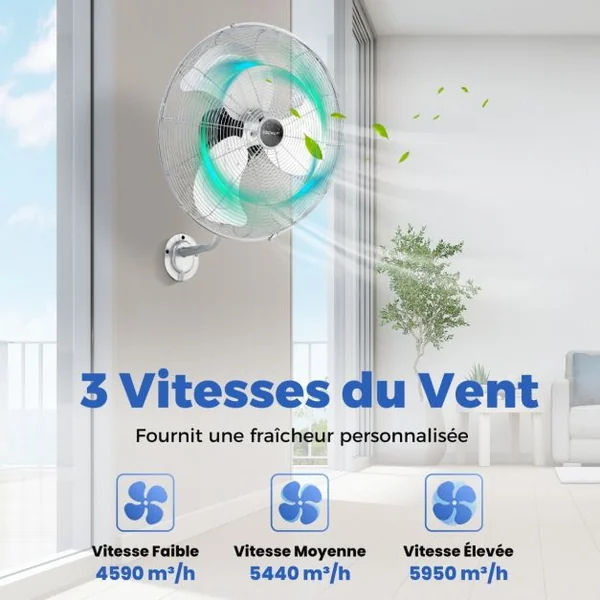 Ventilateur Mural Industriel 51 cm 120W 3 Vitesses Ventilateur Pales en Aluminium Tête d'Inclinaison Réglable à 30° Oscillation à 85° Argent