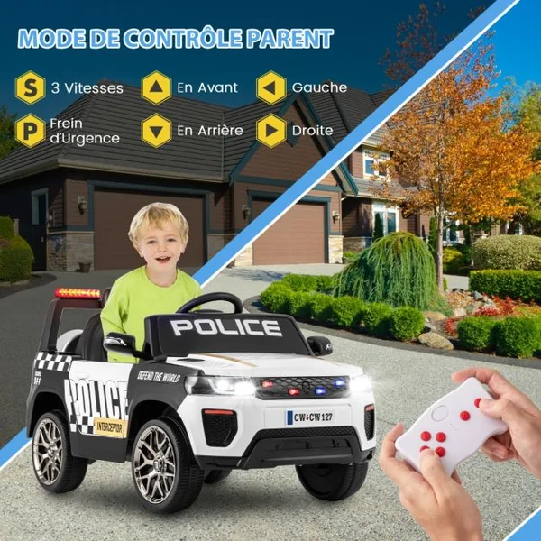 Voiture de Police Electrique Alimentée par Batterie 12 V/7 A Télécommande Connexion Sans Fil Musique Klaxon Sirène Lumières LED Blanc