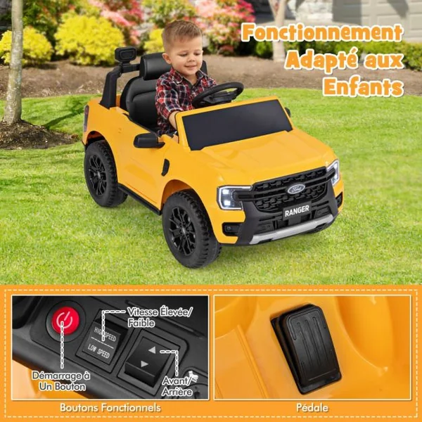 Voiture Electrique 12V USB Musique Histoire Connexion Sans Fil Démarrage Progressif avec Télécommande 2,4G pour 3-6 Ans Jaune