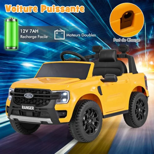 Voiture Electrique 12V USB Musique Histoire Connexion Sans Fil Démarrage Progressif avec Télécommande 2,4G pour 3-6 Ans Jaune