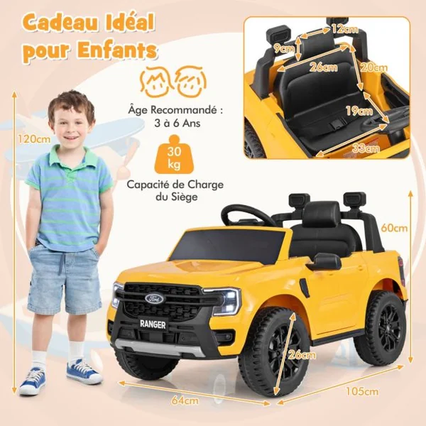 Voiture Electrique 12V USB Musique Histoire Connexion Sans Fil Démarrage Progressif avec Télécommande 2,4G pour 3-6 Ans Jaune