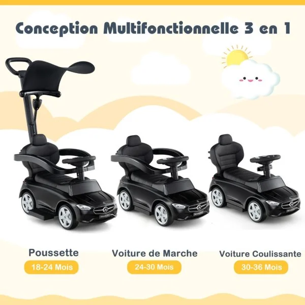 Voiture à Pousser 3-en-1 Mercedes-Benz sous Licence avec Canopy rRéglable et Barre de Direction pour 18- 36 Mois Charge 25kg 5 Couleurs au Choix