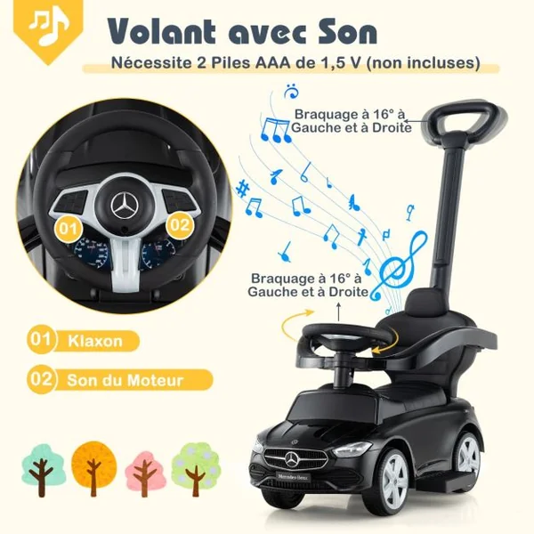Voiture à Pousser 3-en-1 Mercedes-Benz sous Licence avec Canopy rRéglable et Barre de Direction pour 18- 36 Mois Charge 25kg 5 Couleurs au Choix
