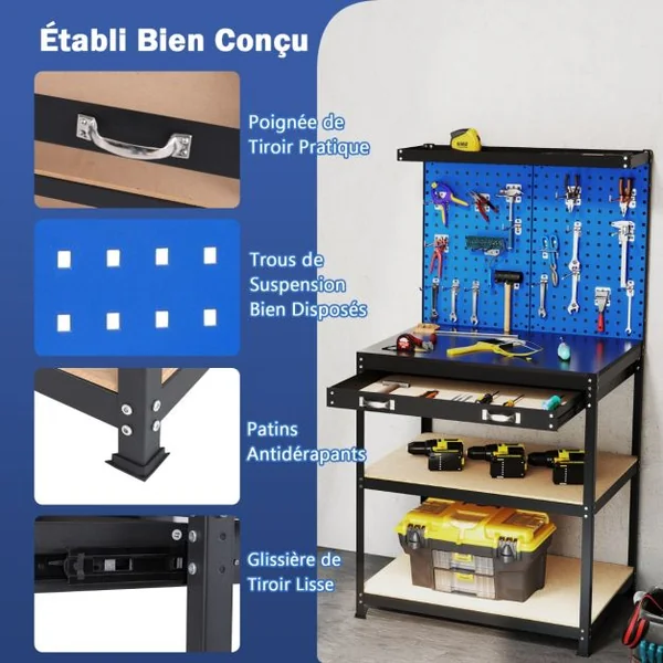 Établi Atelier Garage avec Étagères et Tiroirs 2 Panneaux Perforés Cadre en Métal avec 20 Crochets de Suspension 81x41x156cm Bleu Marine