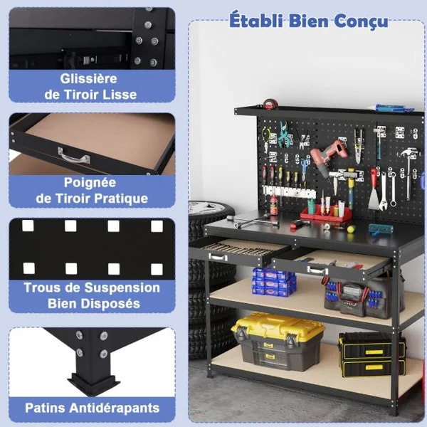 Établi de Bricolage 121 x 61 cm Table de Travail en Métal de 230 kg avec 3 Panneaux Perforés 24 Accessoires de Suspension Noir/Bleu Marine