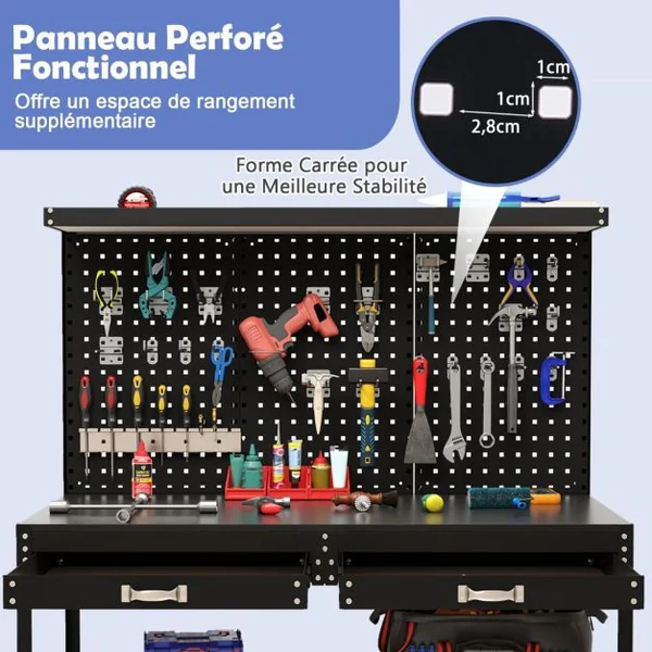 Établi de Bricolage 121 x 61 cm Table de Travail en Métal de 230 kg avec 3 Panneaux Perforés 24 Accessoires de Suspension Noir/Bleu Marine