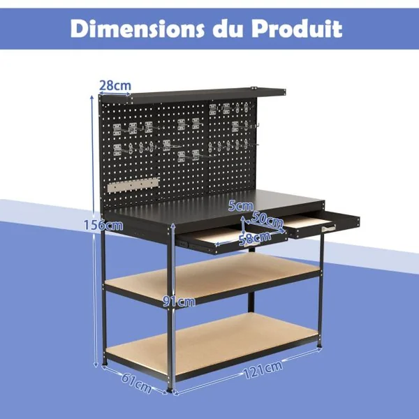 Établi de Bricolage 121 x 61 cm Table de Travail en Métal de 230 kg avec 3 Panneaux Perforés 24 Accessoires de Suspension Noir/Bleu Marine