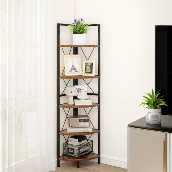 Étagère d'Angle Industrielle à 5 Niveaux Supports à Plantes avec Cadre en Métal Supports à Échelle Brun Rustique