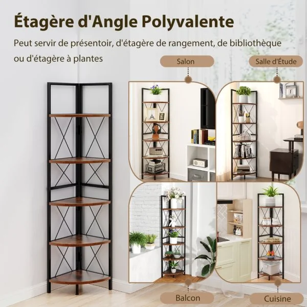 Étagère d'Angle Industrielle à 5 Niveaux Supports à Plantes avec Cadre en Métal Supports à Échelle Brun Rustique