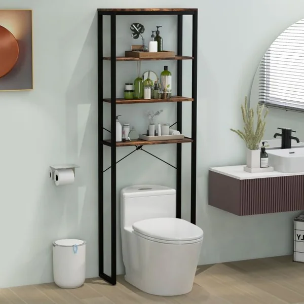 Étagère de Rangement Au-dessus des Toilettes 4 Niveaux en Bois Cadre en Métal Kits Anti-basculement Noir + Marron Rustique
