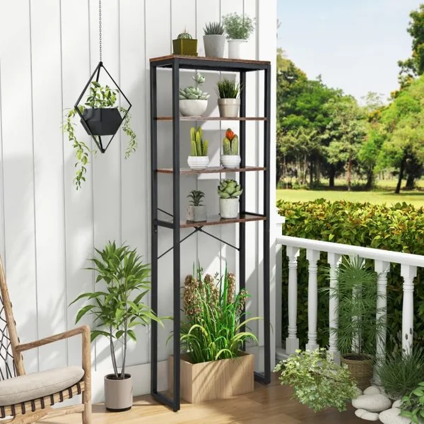 Étagère de Rangement Au-dessus des Toilettes 4 Niveaux en Bois Cadre en Métal Kits Anti-basculement Noir + Marron Rustique