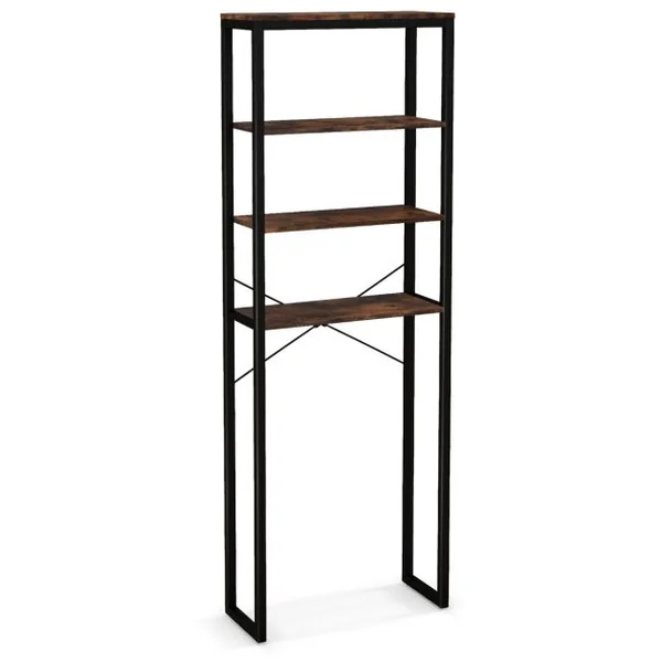 Étagère de Rangement Au-dessus des Toilettes 4 Niveaux en Bois Cadre en Métal Kits Anti-basculement Noir + Marron Rustique