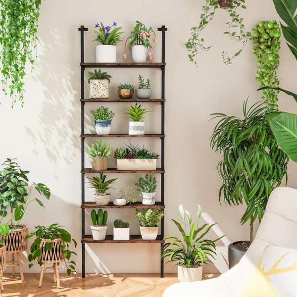 Étagère Echelle à 6 Niveaux Etagère Murale avec Cadre en Métal Etagère Ouverte de Style Industriel Gris