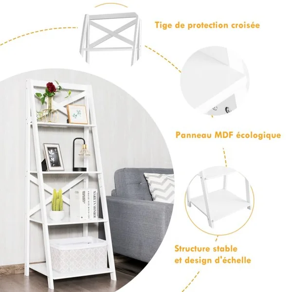 Étagère en Échelle Bibliothèque Échelle de Style Moderne avec 4 Tablettes de Capacité 5kg en Mdf 51x46x143cm Noir