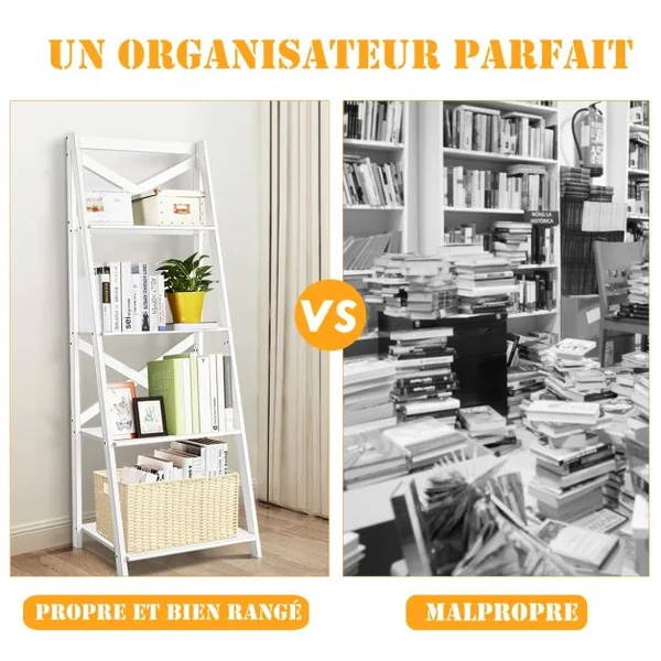 Étagère en Échelle Bibliothèque Échelle de Style Moderne avec 4 Tablettes de Capacité 5kg en Mdf 51x46x143cm Noir