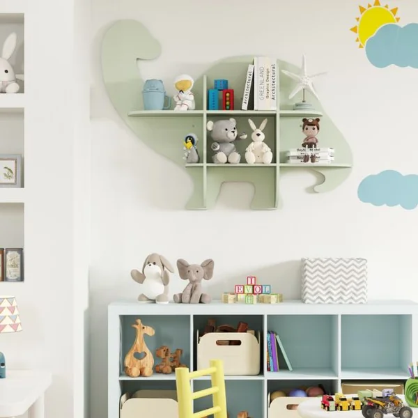 Étagère Murale Flottante en Forme de Dinosaure pour Enfants Bibliothèque en Bois à 2 Niveaux Étagère Murale Vert