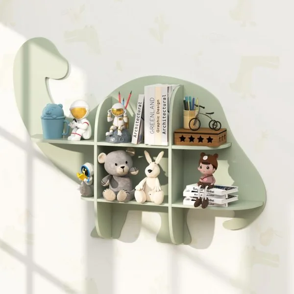 Étagère Murale Flottante en Forme de Dinosaure pour Enfants Bibliothèque en Bois à 2 Niveaux Étagère Murale Vert