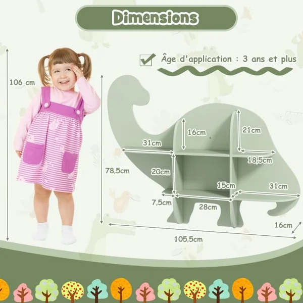 Étagère Murale Flottante en Forme de Dinosaure pour Enfants Bibliothèque en Bois à 2 Niveaux Étagère Murale Vert