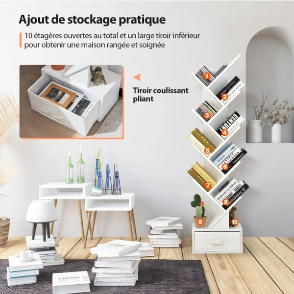 Étagère à 10 Niveaux avec Tiroir Étagère de Rangement Au Sol pour CD DVD et Livres Étagères Utilitaires de Présentation Naturel