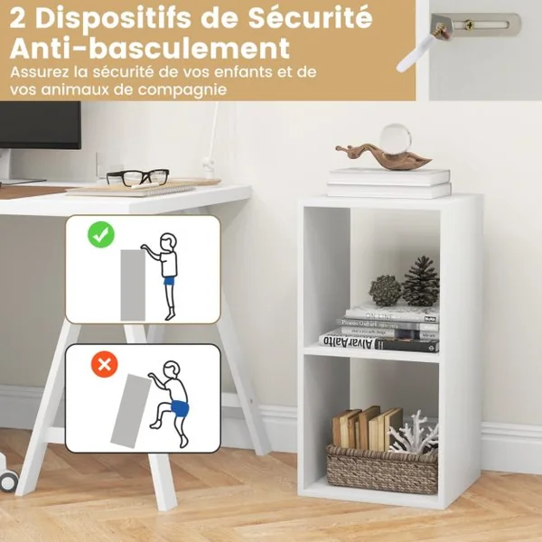 Étagère à 2 Niveaux à Dos Ouvert Bibliothèque à 2 Cubes Kit Anti-basculement Bibliothèque Autoportante Blanc