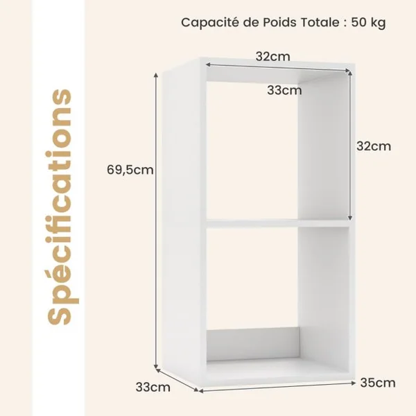 Étagère à 2 Niveaux à Dos Ouvert Bibliothèque à 2 Cubes Kit Anti-basculement Bibliothèque Autoportante Blanc