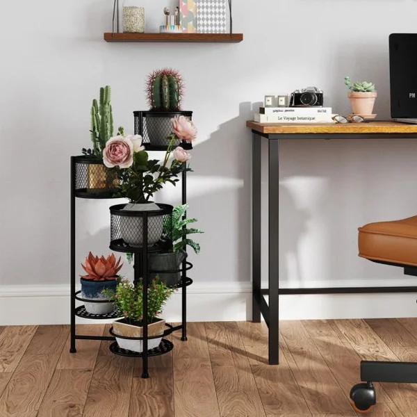 Étagère à Fleurs Pliable en Métal avec 6 Tablettes Porte Plante doré à Angle Réglable pour Intérieur Extérieur Charge 10KG Noir