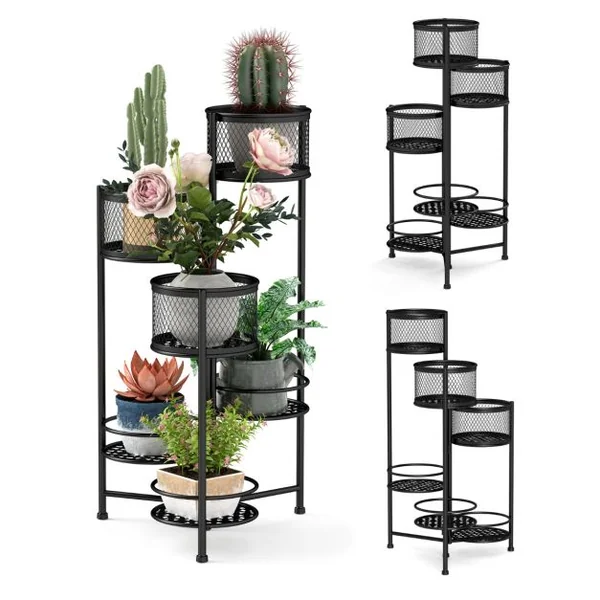 Étagère à Fleurs Pliable en Métal avec 6 Tablettes Porte Plante doré à Angle Réglable pour Intérieur Extérieur Charge 10KG Noir