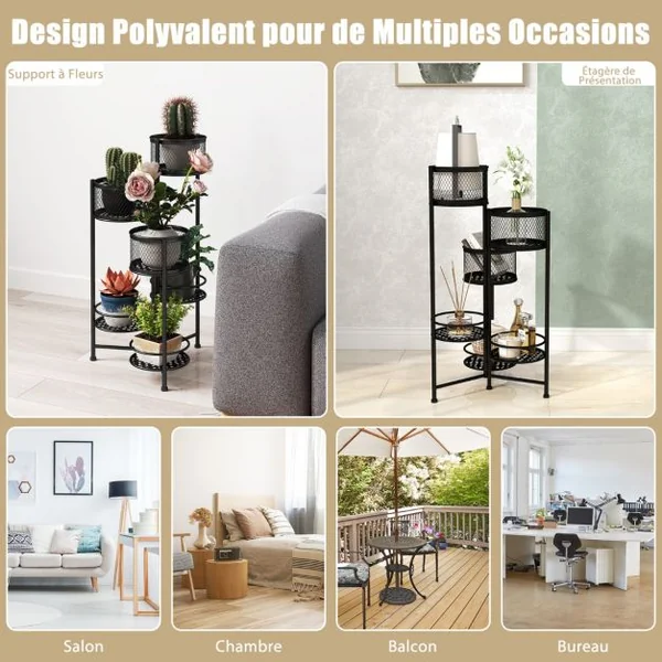 Étagère à Fleurs Pliable en Métal avec 6 Tablettes Porte Plante doré à Angle Réglable pour Intérieur Extérieur Charge 10KG Noir