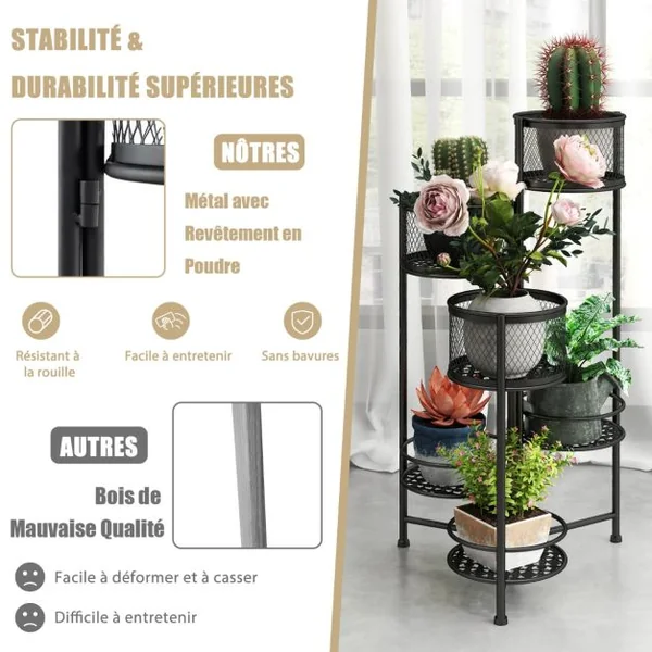 Étagère à Fleurs Pliable en Métal avec 6 Tablettes Porte Plante doré à Angle Réglable pour Intérieur Extérieur Charge 10KG Noir