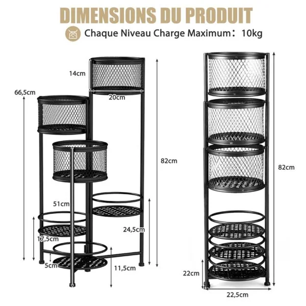 Étagère à Fleurs Pliable en Métal avec 6 Tablettes Porte Plante doré à Angle Réglable pour Intérieur Extérieur Charge 10KG Noir