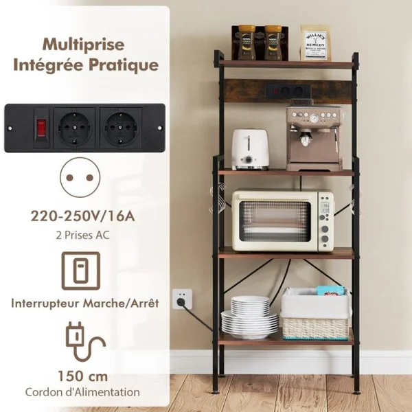 Étagère à Pâtisserie pour Cuisine avec Prises de Courant Support pour Micro-ondes 4 Niveaux avec 8 Crochets en Forme de S Brun Rustique