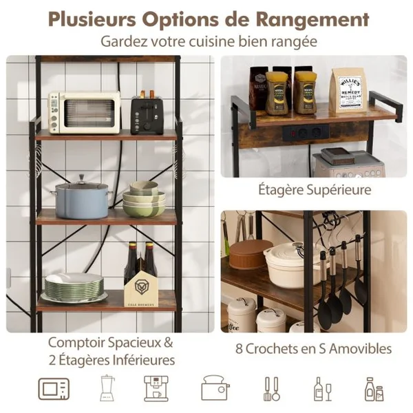 Étagère à Pâtisserie pour Cuisine avec Prises de Courant Support pour Micro-ondes 4 Niveaux avec 8 Crochets en Forme de S Brun Rustique