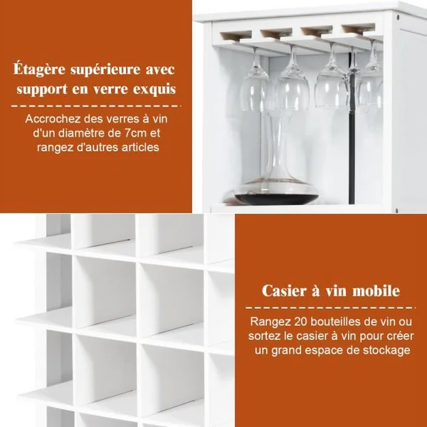 Étagère à vin Casier à vin 20 bouteilles Range bouteille avec 4 supports de verres à pied, 24.5 x 42 x 96 cm, Bordeaux