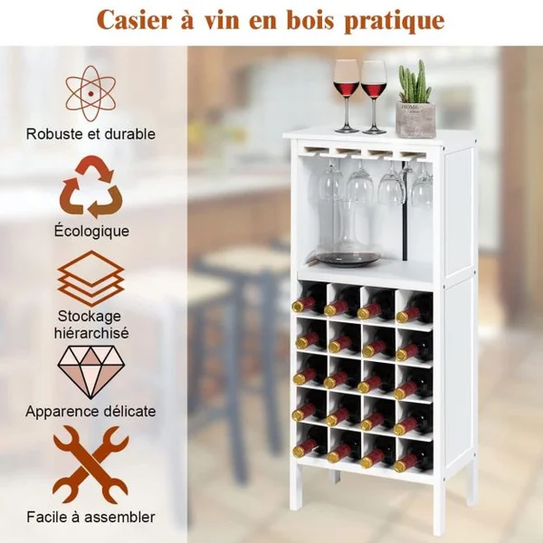 Étagère à vin Casier à vin 20 bouteilles Range bouteille avec 4 supports de verres à pied, 24.5 x 42 x 96 cm, Bordeaux